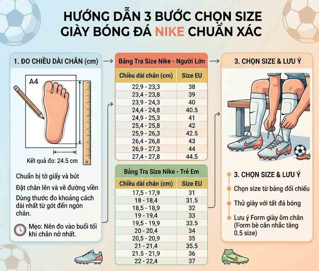 Bảng kích thước cách chọn giày bóng đá