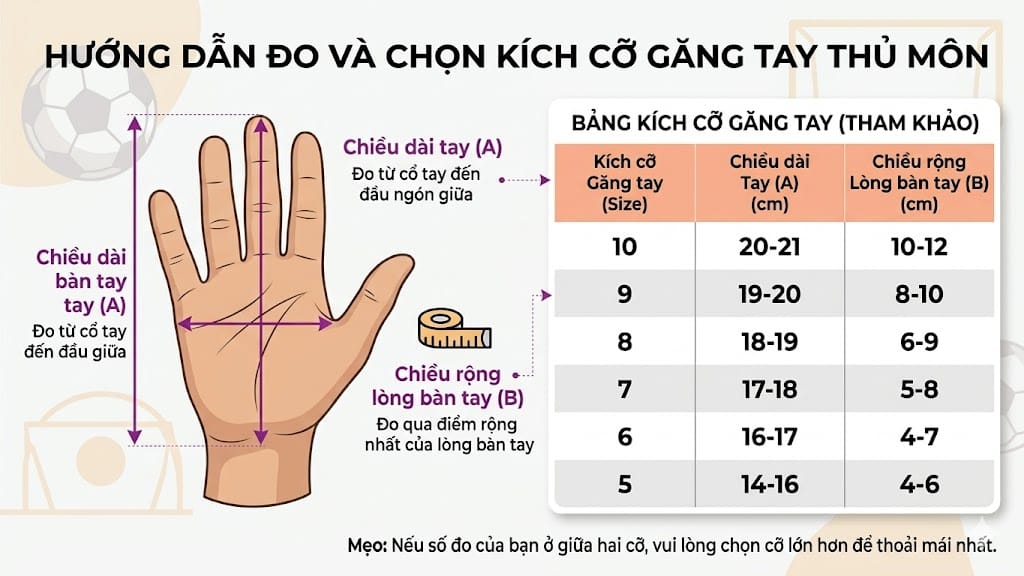 Bảng quy đổi kích thước cách chọn găng tay thủ môn