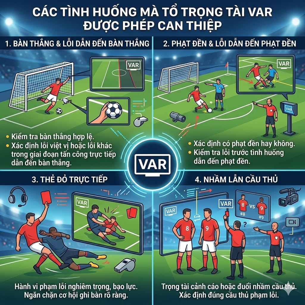 Tình Huống Trọng Tâm Mà Tổ Trọng Tài VAR Được Phép Can Thiệp