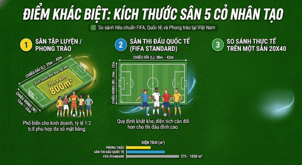 Điểm Khác Biệt Của Kích Thước Sân 5 Cỏ Nhân Tạo