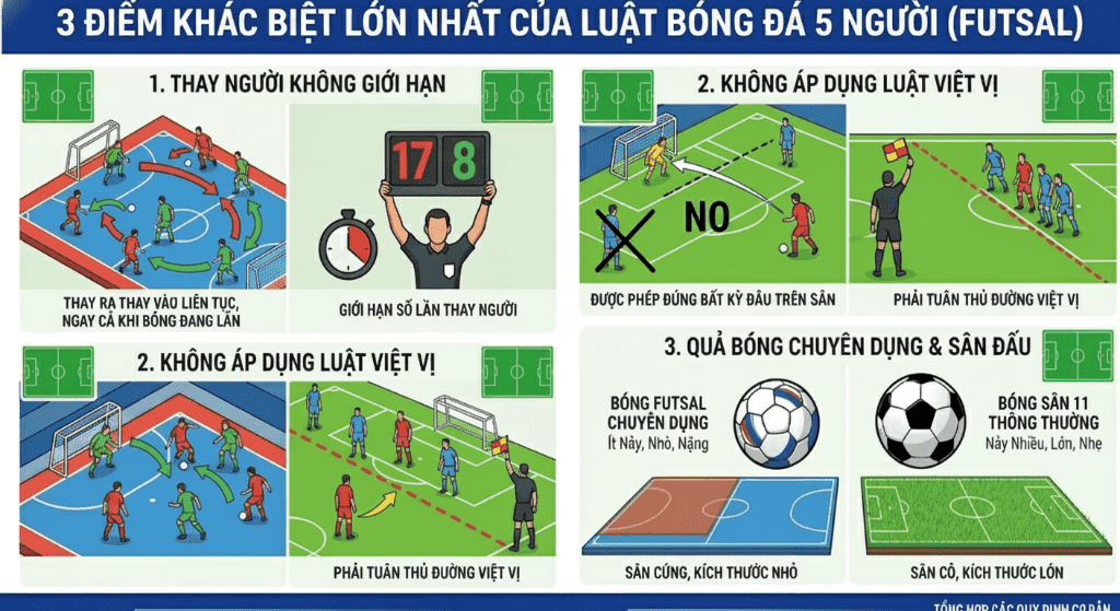Điểm khác biệt rõ rệt của luật bóng đá 5 người