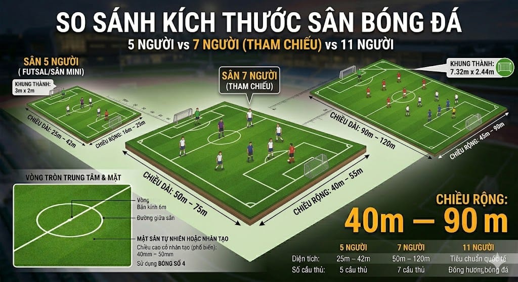 Tiêu Chuẩn Kích Thước Sân Bóng Đá 7 Người Cập Nhật Mới Nhất 7 So sánh sân bóng đá 7 người, 5 người và 11 người