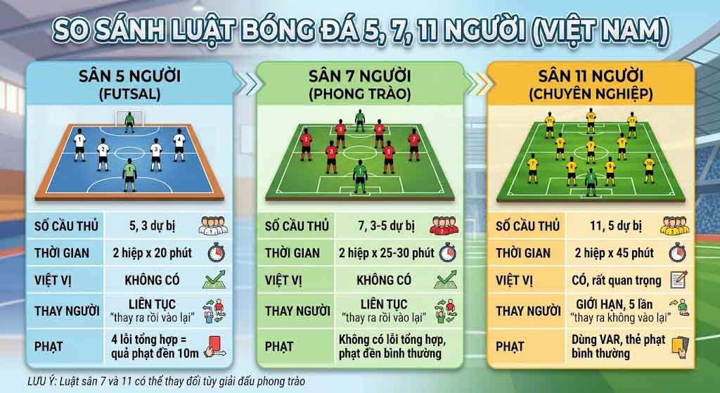 Sự khác nhau giữa luật sân 5 - 7 - 11