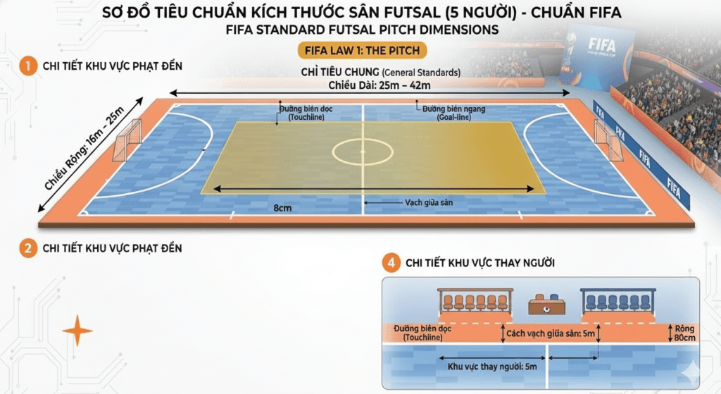 Bản vẽ chi tiết kích thước sân Futsal tiêu chuẩn FIFA