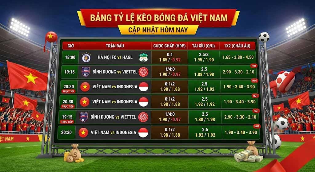 Bảng Tỷ Lệ Kèo Bóng Đá Việt Nam Hôm Nay (Cập Nhật 2026)