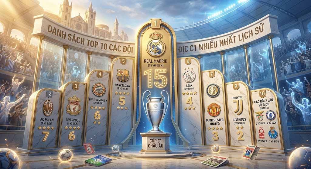 Danh Sách Top 10 Các Đội Vô Địch C1 Nhiều Nhất Lịch Sử